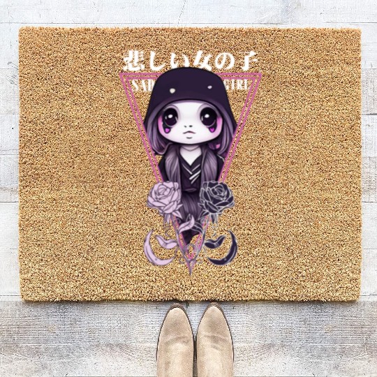 Kawaii Sad Girl Chibi Japanese Gothic Pastel Goth Coir Doormats