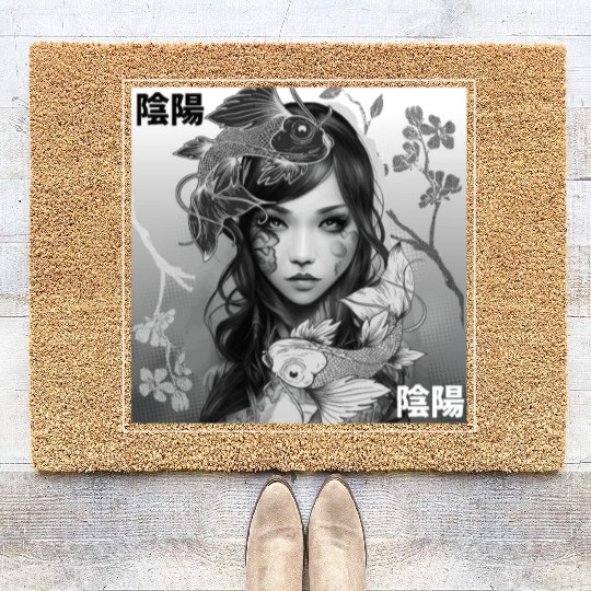 Yin Yang Koi Fish Gothic Emo Japanese Cherry Bloss Coir Doormats