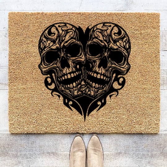 Two Skulls Heart T Tattoo Style Coir Doormats