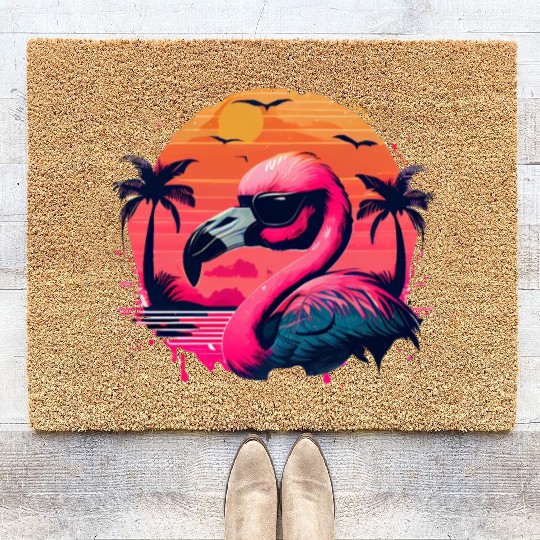 Retro Sunset Pink Flamingo Summer Design Flamingo Coir Doormats