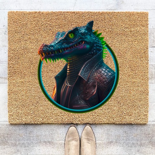 Neon punk crocodile in leather jacket Coir Doormats