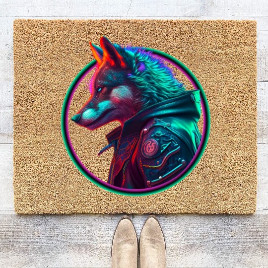 Neon punk wolf in leather jacket Coir Doormats