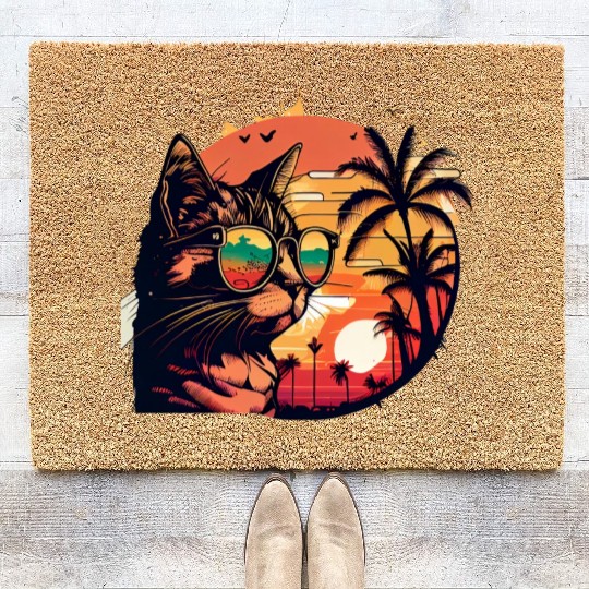 Retro Cat Vintage Sunset 80s 90s Sunglasses Party Coir Doormats