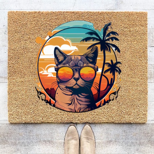 Retro Cat Vintage Sunset 80s 90s Sunglasses Party Coir Doormats
