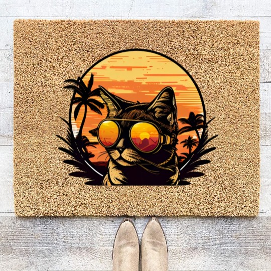 Retro Cat Vintage Sunset 80s 90s Sunglasses Party Coir Doormats