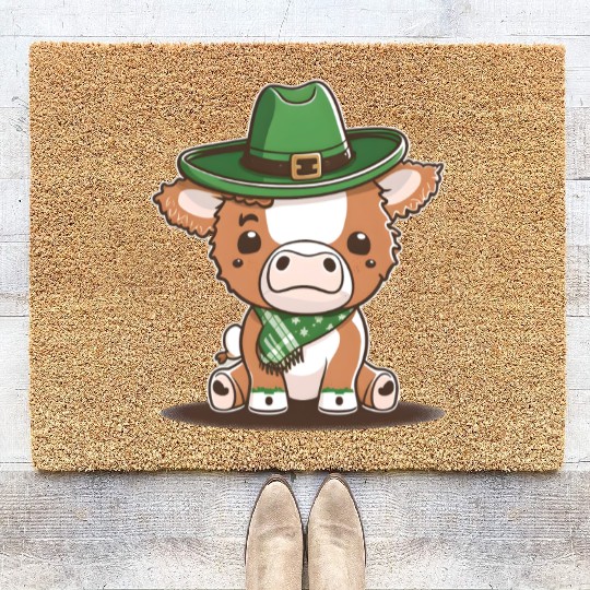 Kawaii cow with scarf St. Patrick's Day Coir Doormats