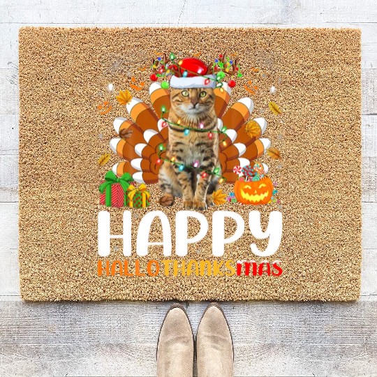 Cat Lover Halloween Christmas Happy Hallothanksmas Coir Doormats