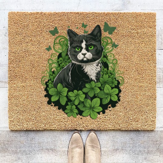 Black and white cat with ivy and butterflies Coir Doormats
