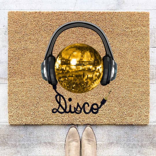 Gold Disco Ball Music Headphones Coir Doormats
