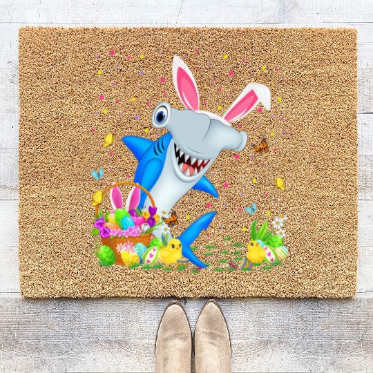 Shark Fish Easter Egg Hunting Hammerhead Shark Eas Coir Doormats