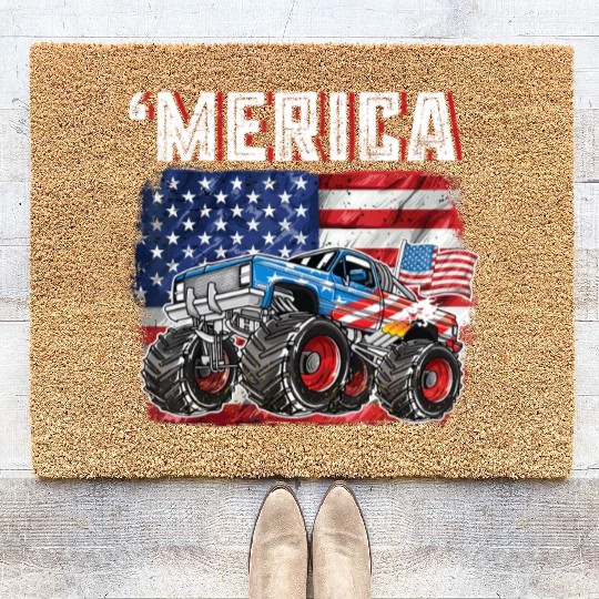 Monster Truck USA Merica Men Boys 4th of July Coir Doormats