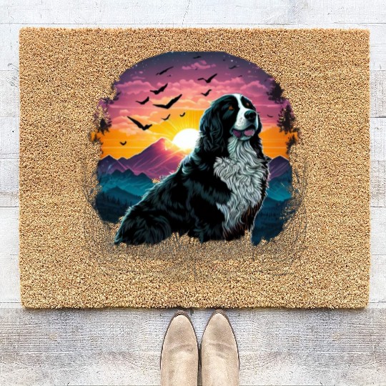 Bernese Mountain Dog with Mountain Sunrise view Coir Doormats