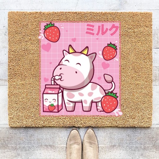 Kawaii Pink Strawberry Cow Milk Shake Otaku Anime Coir Doormats