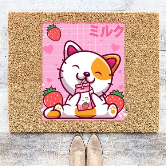 Kawaii Kitten Cute Cat Strawberry Milk Shake Coir Doormats