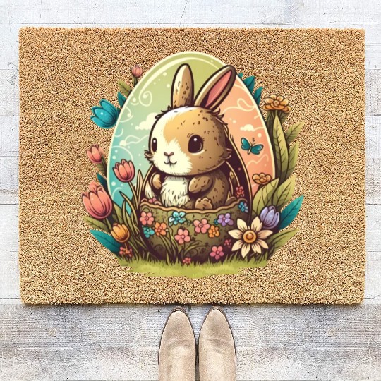 Easter magic: cheerful bunny next to colorful eggs Coir Doormats