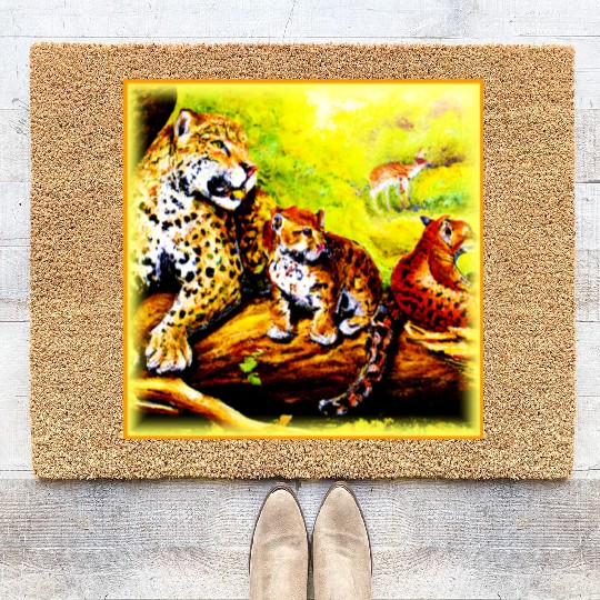 Jaguar Mom and Cubs Relaxing in Jungle. Buy Now Coir Doormats