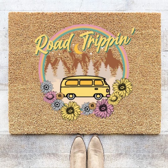 Retro Groovy Road Trip Coir Doormats with Van Flowers
