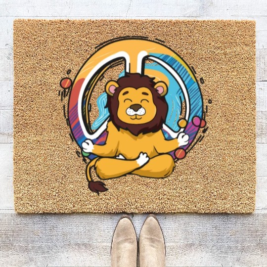 Hippie Lion Peace Sign Yoga Cool Lion Funny Hippie Coir Doormats