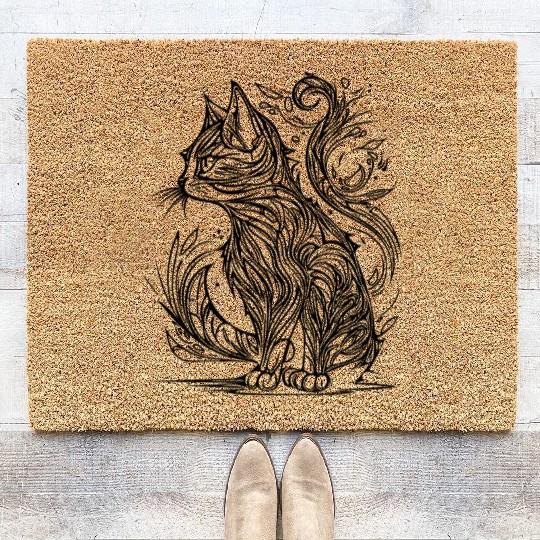 Tattoo Lines Tribal Style Vintage Cat Coir Doormats