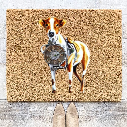 Brown White Greyhound Dog With Old Looking Clock Coir Doormats