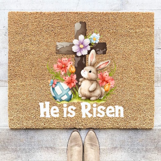 He Is Risen Cute Bunny Christianity Cross Coir Doormats