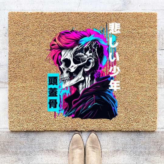 Retro Edgy Skull Sad Anime Boy Japanese Vaporwave Coir Doormats