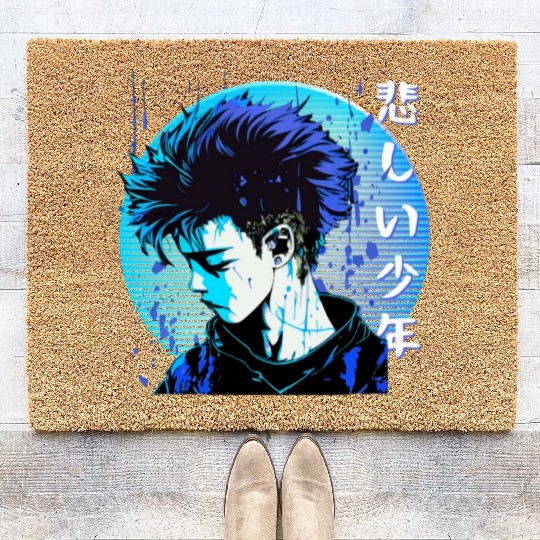 Sad Anime Boy Edgy Japanese Vaporwave Urban Street Coir Doormats