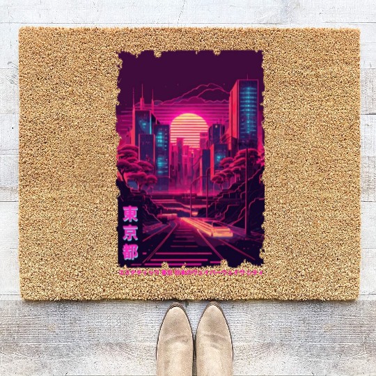 Vaporwave City Night Scene Tokyo Japanese Aestheti Coir Doormats