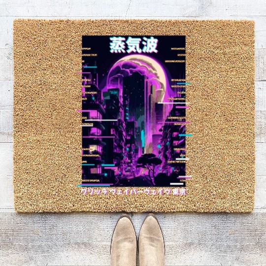 Retro Glitch Cityscape Vaporwave Futurism Tokyo Ae Coir Doormats