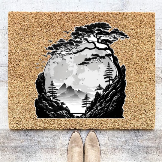 Japanese Mountain Landscape Gothic Full Moon Fores Coir Doormats