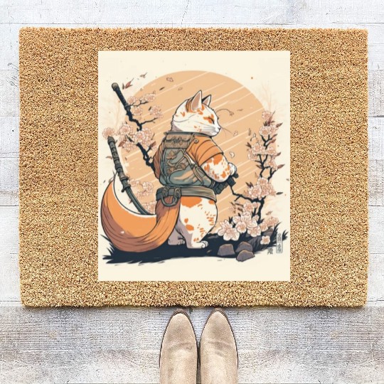 samurai katana cat vintage Coir Doormats