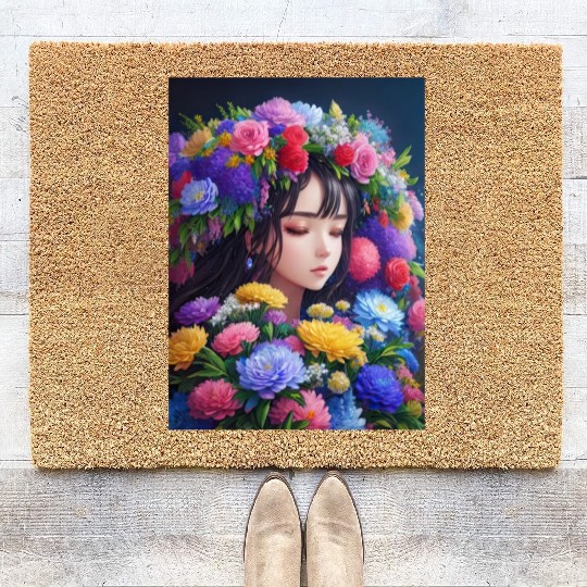 Spring Girl with a bouqet of flowers garland #1 Coir Doormats