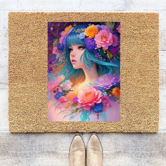 Spring Girl with a bouqet of flowers garland #6 Coir Doormats