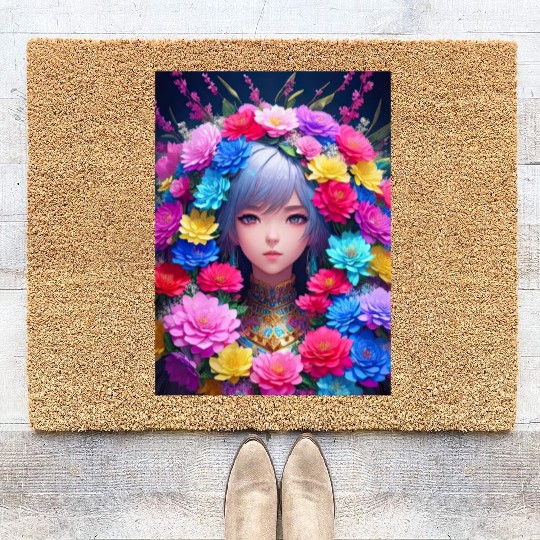 Spring Girl with a bouqet of flowers garland #13 Coir Doormats