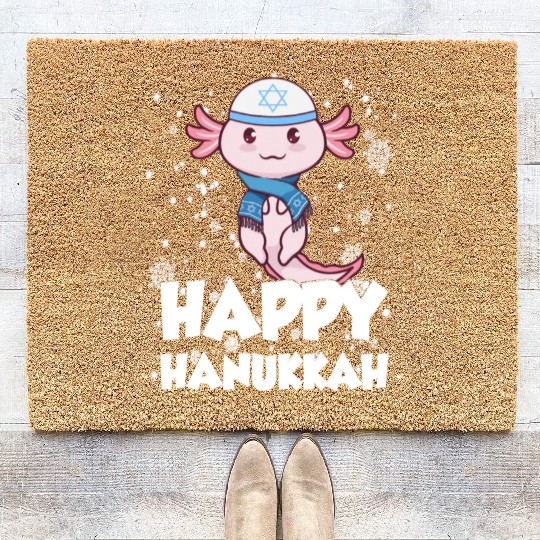 Happy Hanukkah Axolotl Kawaii Cute Axolotl Lover Coir Doormats