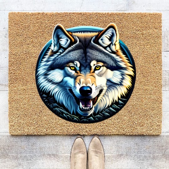 A fierce wolf howling at the moon Coir Doormats