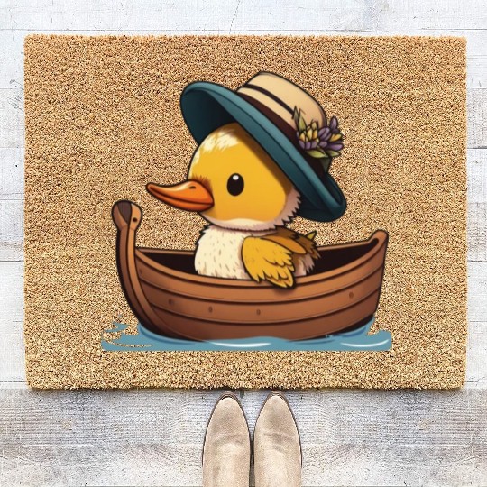 Cute Duck rowing in rowing boat rowboat skiff Coir Doormats