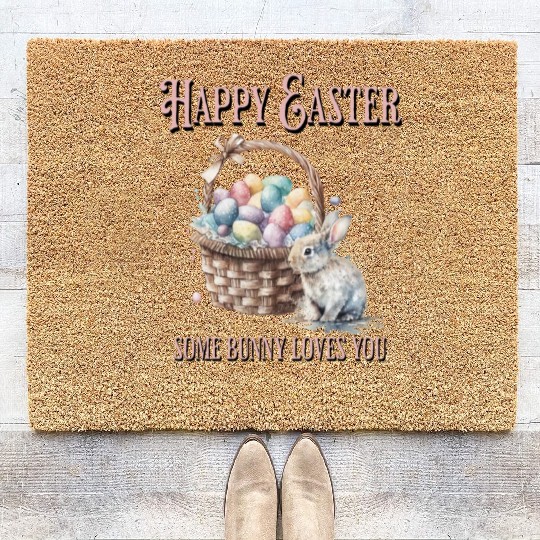 Happy Easter Bunny Colorful watercolor Easter Egg Coir Doormats
