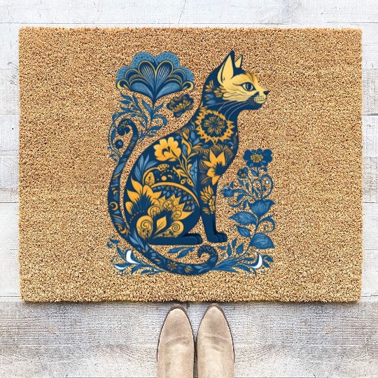 Ukraine Cat Floral Vintage Ukrainian Vyshyvanka Coir Doormats