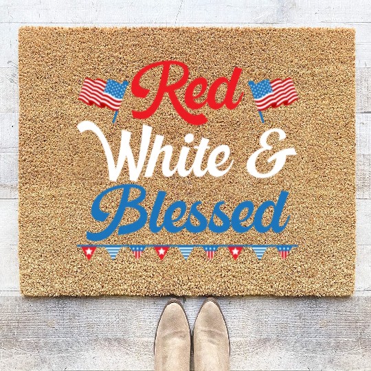 Red White And Blessed America USA Flag 4th Of July Coir Doormats