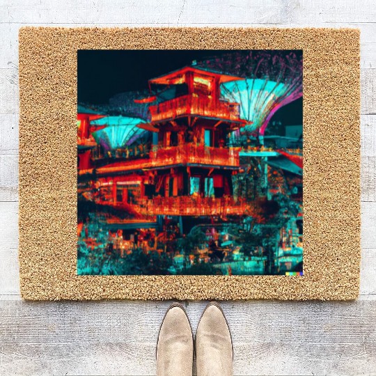 Neon Synthwave Cyber Futuristic Town Retro Future Coir Doormats