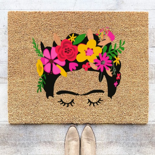 Frida Kahlo Illustration Floral Boho Style Mexican Coir Doormats