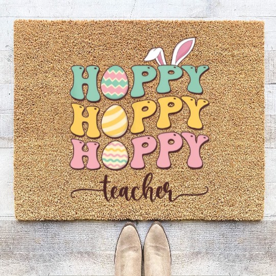 Easter Teacher Bunny Happy Easter Egg Retro Girl Coir Doormats