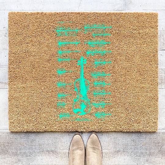 Teal Neon Da Vinci violin blueprint Coir Doormats