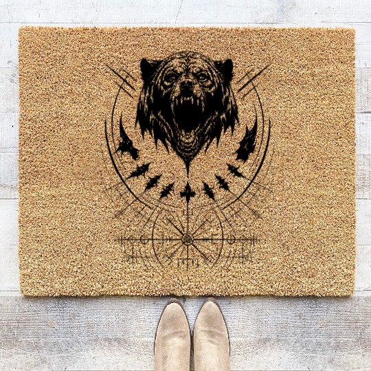 Grizzly bear Vegvisir runes compass Viking tribal Coir Doormats