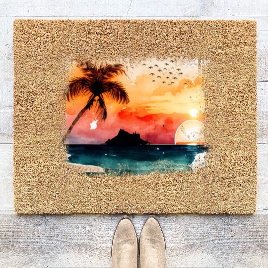 Beach Sunset Watercolor Design Art 5 Coir Doormats