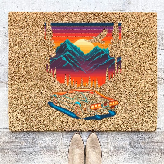 1980s Muscle Car and Retro Neon Mountain Sunset Coir Doormats