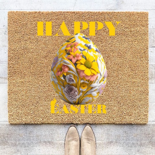 Happy Easter Egg Design with Floral Elements Coir Doormats