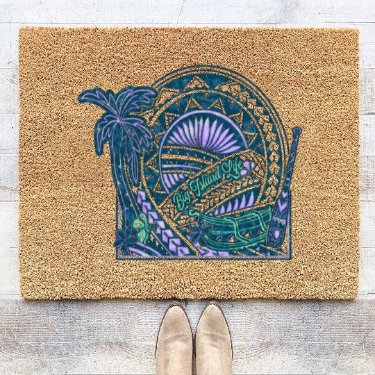 Big Island Outrigger Canoe Teal Tribal Coir Doormats