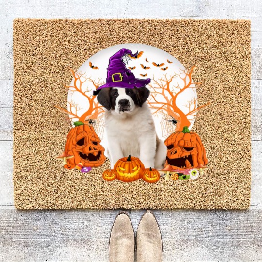 Dog Halloween Saint Bernard Dog Jack O Lantern Coir Doormats